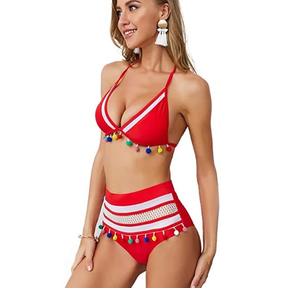 Cute red pompom high waisted bikini NEW - Picture 3 of 9